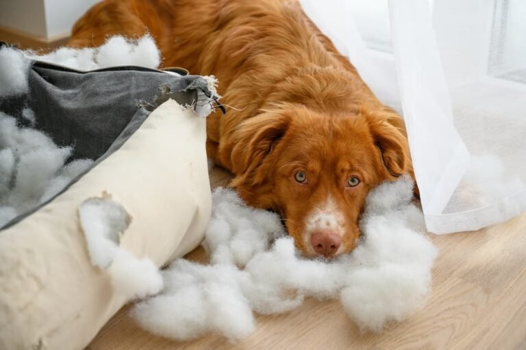 Dog lying next to a torn up dog bed